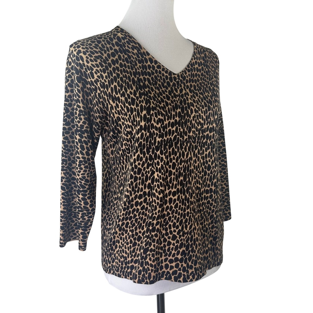August Silk Knits‎ Womens Large Tan Black Cheetah Print V-Neck Silk Sweater Top